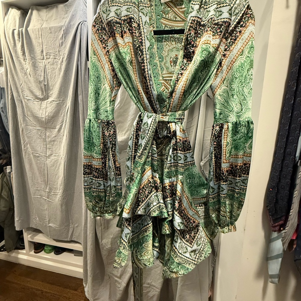 Bronx and Banco Green and Gold Long Sleeve Dress